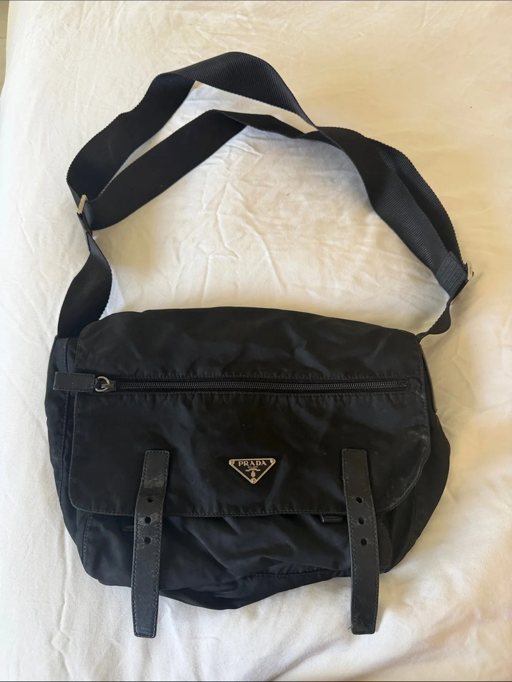 Prada Black Nylon Messenger Bag with Silver Logo